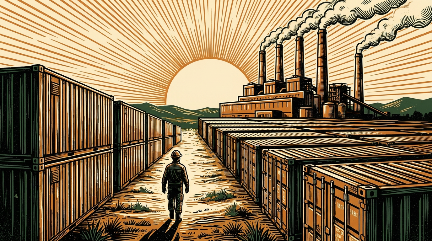 An engineer walking between rows of bitcoin-mining containers beside a coal power plant on the Kazakh steppe at dawn, linocut