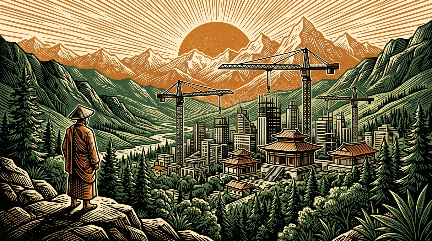 A robed official on a ridge overlooking a new city rising in a green Himalayan river valley with cranes and snow peaks, linocut