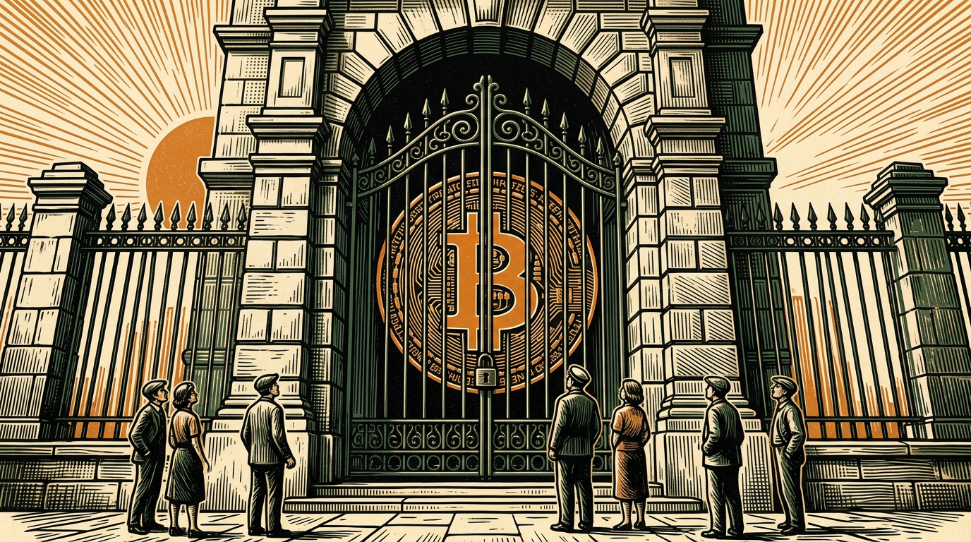 A giant bitcoin coin locked behind the iron gates of a monumental treasury building while citizens stand outside looking up, linocut