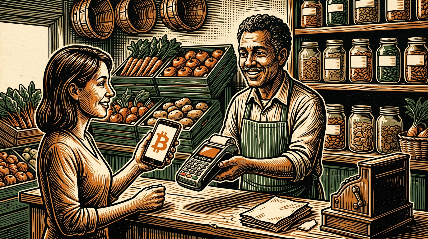 A neighborhood grocer handing over a payment terminal while a customer holds up a phone showing a bitcoin symbol, linocut