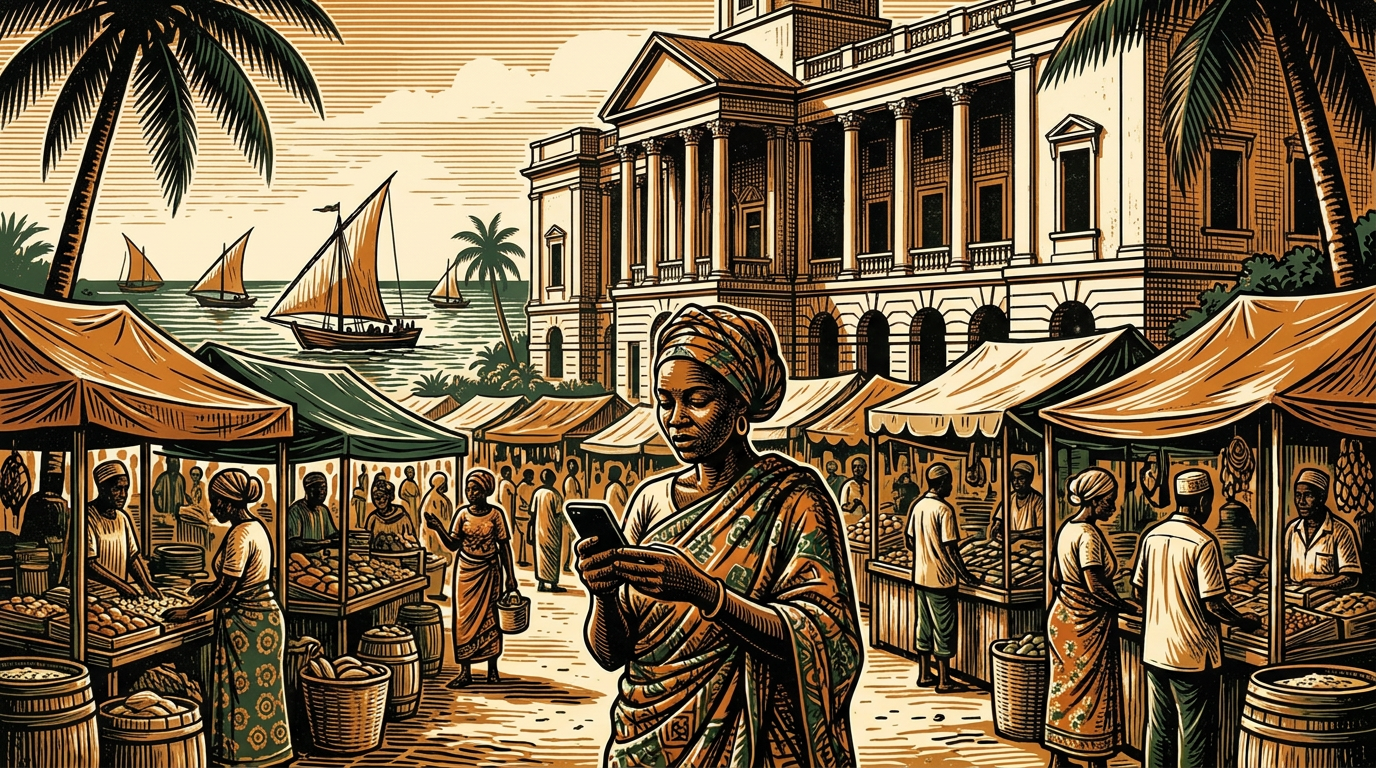 A woman vendor checking a phone at a Dar es Salaam coastal market with dhow sailboats and a columned government building behind, linocut