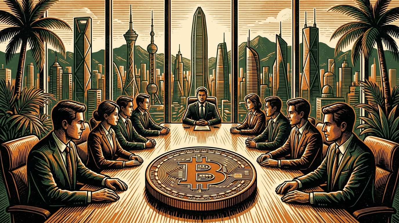 Executives in a Shenzhen boardroom sliding a large bitcoin coin across the table, linocut