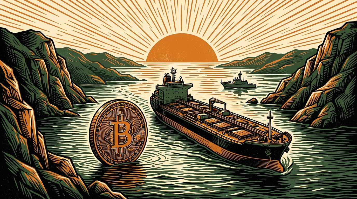 An oil tanker passing through the Strait of Hormuz with a large bitcoin coin standing like a toll marker, linocut