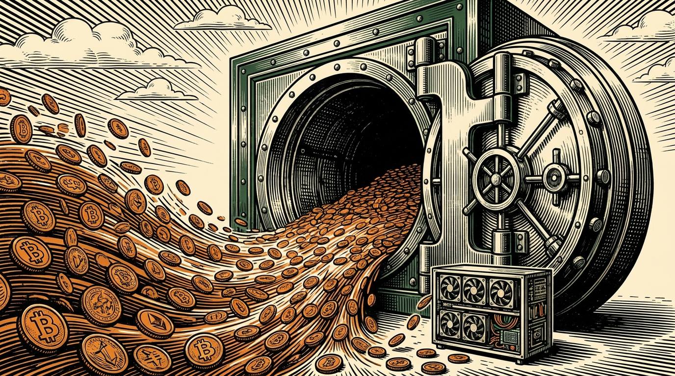 A river of bitcoin coins pouring into a giant bank vault beside one small mining rig, linocut