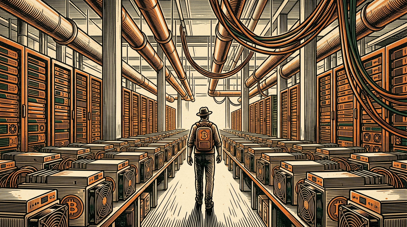 A warehouse where rows of bitcoin mining rigs give way to towering AI server racks, a technician walking the aisle, linocut