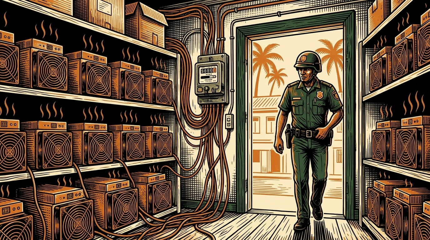 A police officer entering a shophouse packed with bitcoin mining machines wired past an electricity meter, linocut