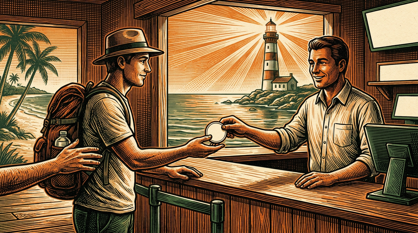 A first-time buyer receiving a coin across a counter with a guiding hand and a lighthouse beacon in the window, linocut