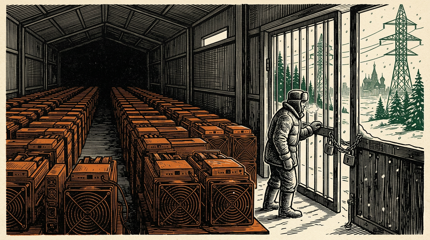 A bundled worker padlocking the gate of a shuttered bitcoin-mining hall on the snowy edge of Moscow, linocut