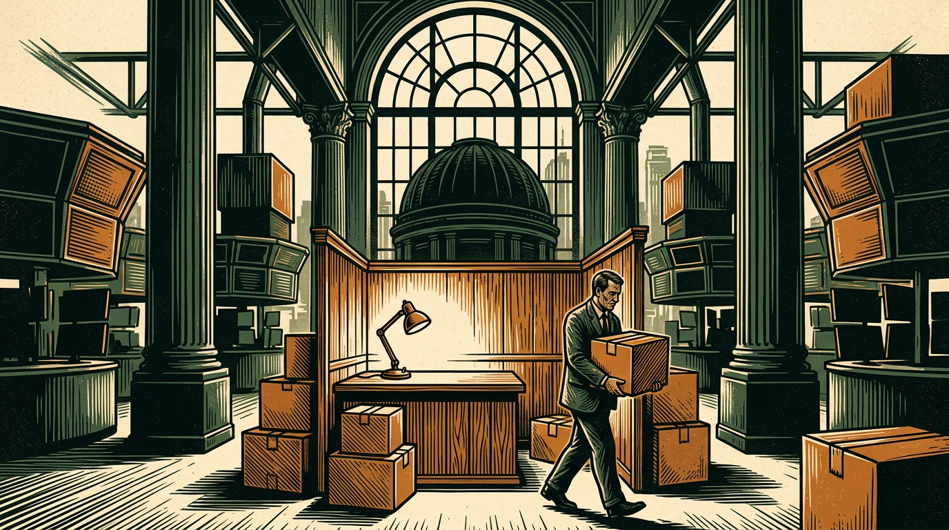 A small trading booth being packed into boxes on a grand exchange floor beside towering rivals, linocut