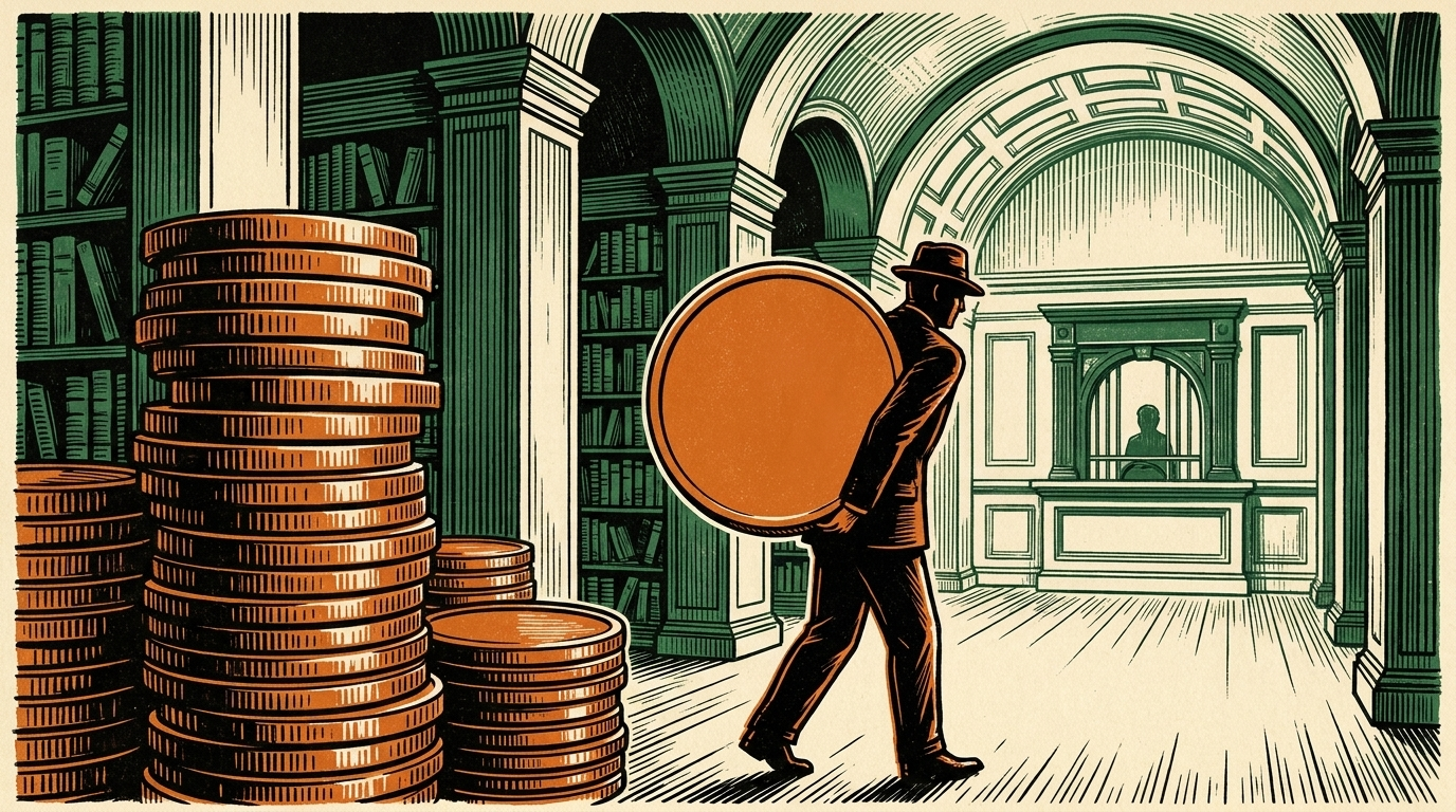 A figure carrying a single large bitcoin coin from a towering stack toward a bank teller window, linocut
