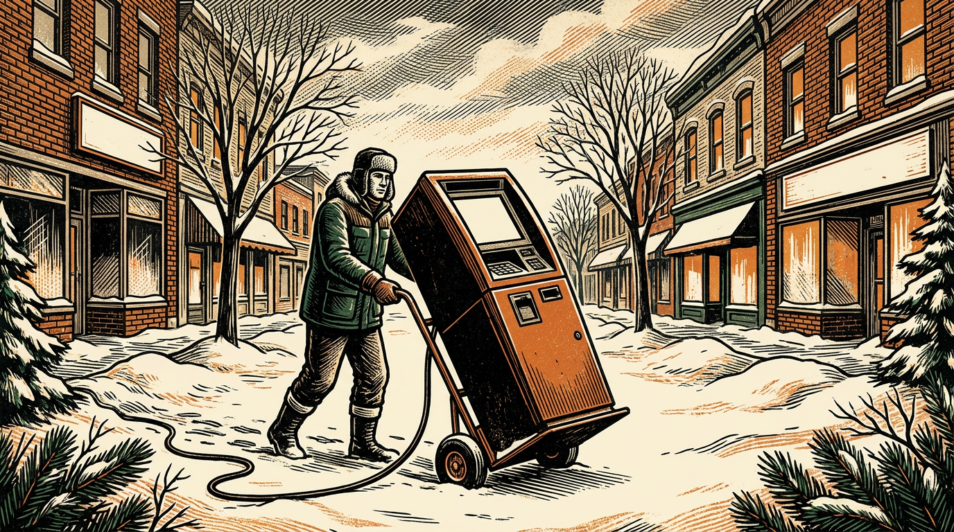 A technician wheeling an unplugged bitcoin ATM away on a hand truck down a snowy Minnesota main street, linocut