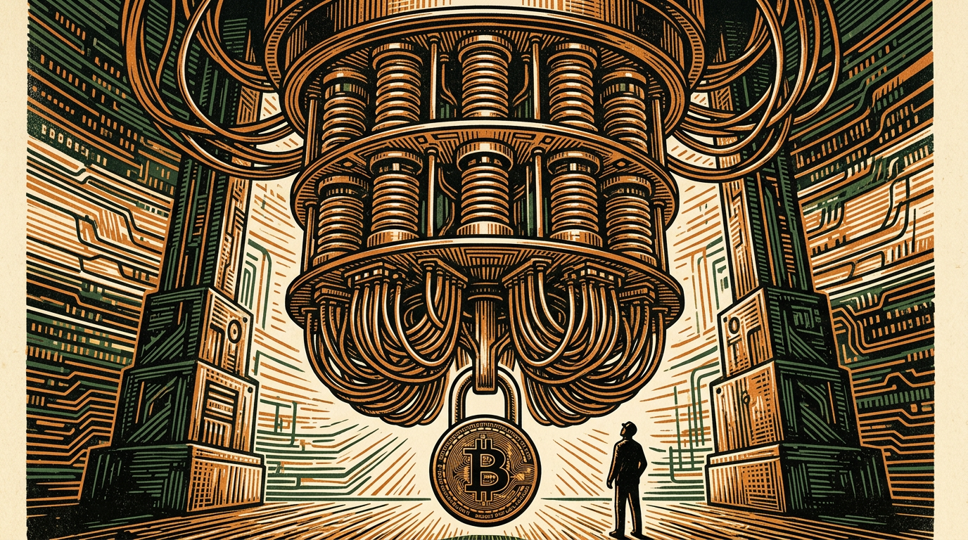 A towering quantum computer looming over a small padlock shaped like a bitcoin coin as an engineer gazes up, linocut