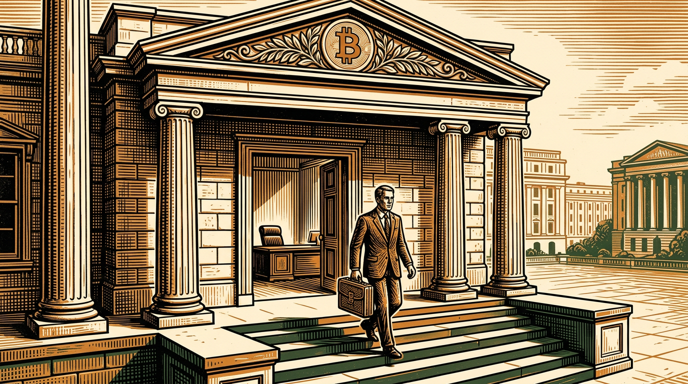 A lone official with a briefcase walking down the steps of the US Treasury, a bitcoin emblem carved on the pediment, linocut