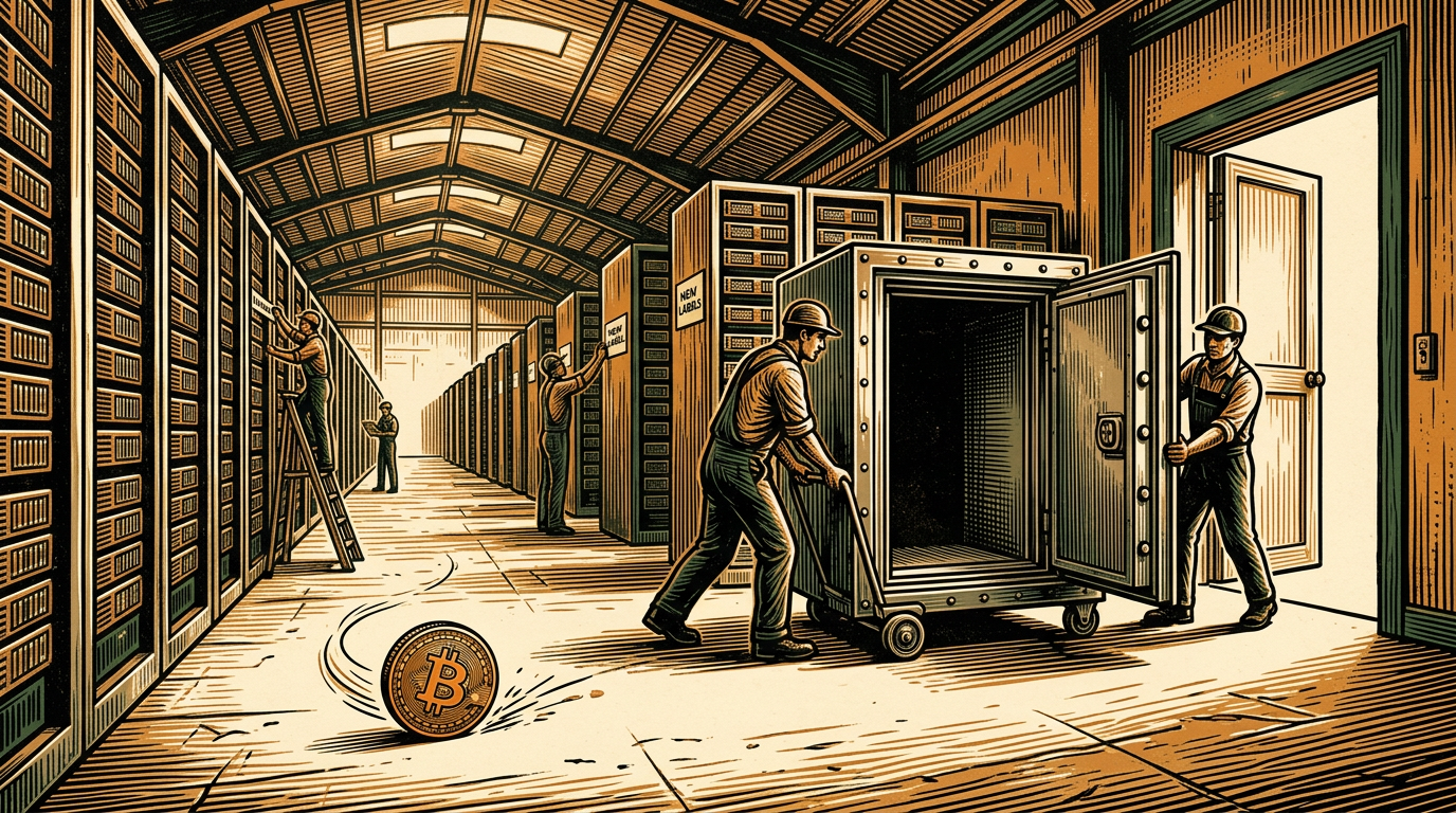 Workers wheeling an empty steel vault out of a bitcoin mining hall as a single coin rolls away across the floor, linocut