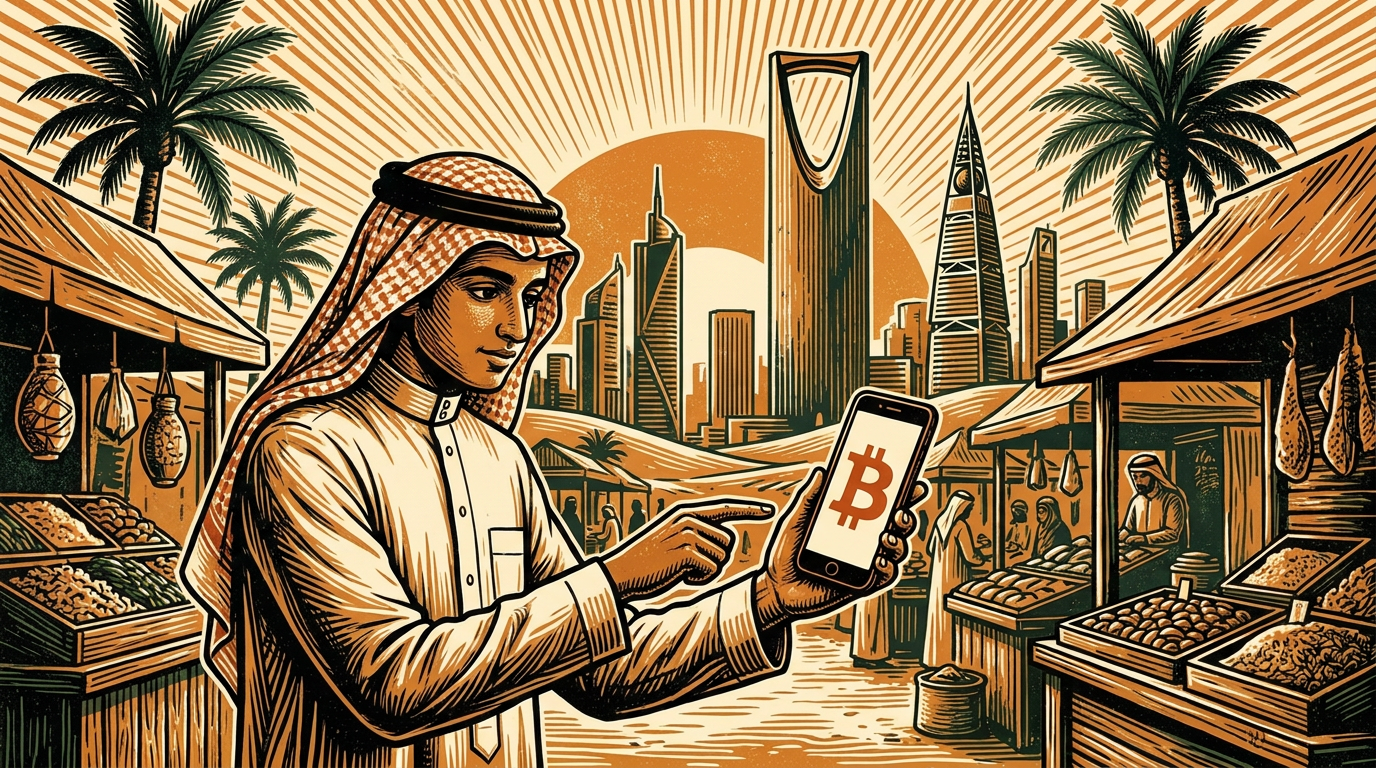 A young Saudi man checking bitcoin on a smartphone in a Riyadh market with the city skyline and date palms behind, linocut