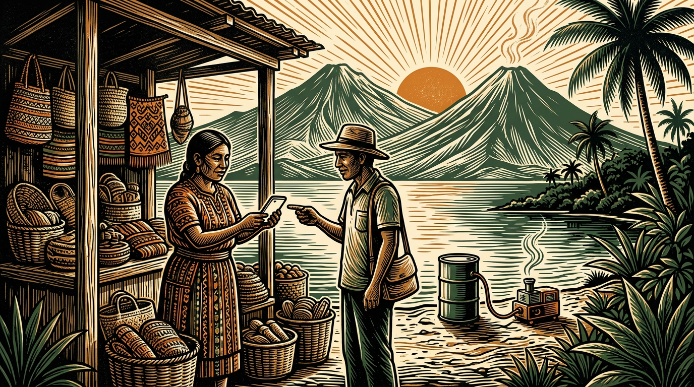 A Maya market vendor accepts a bitcoin phone payment on the shore of Lake Atitlan, with volcanoes behind and a small machine at the water's edge, linocut