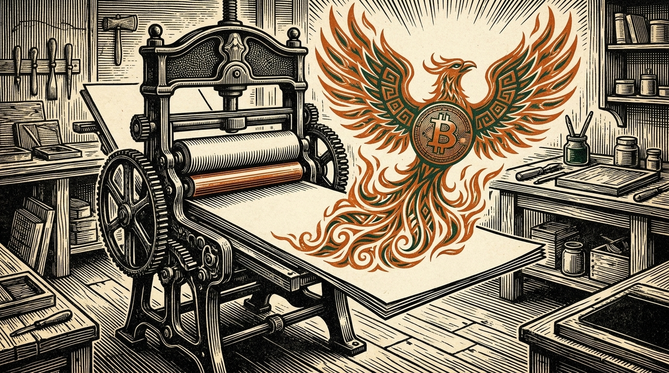A printing press rolling out a blank page as a bitcoin phoenix rises from carved flames, linocut
