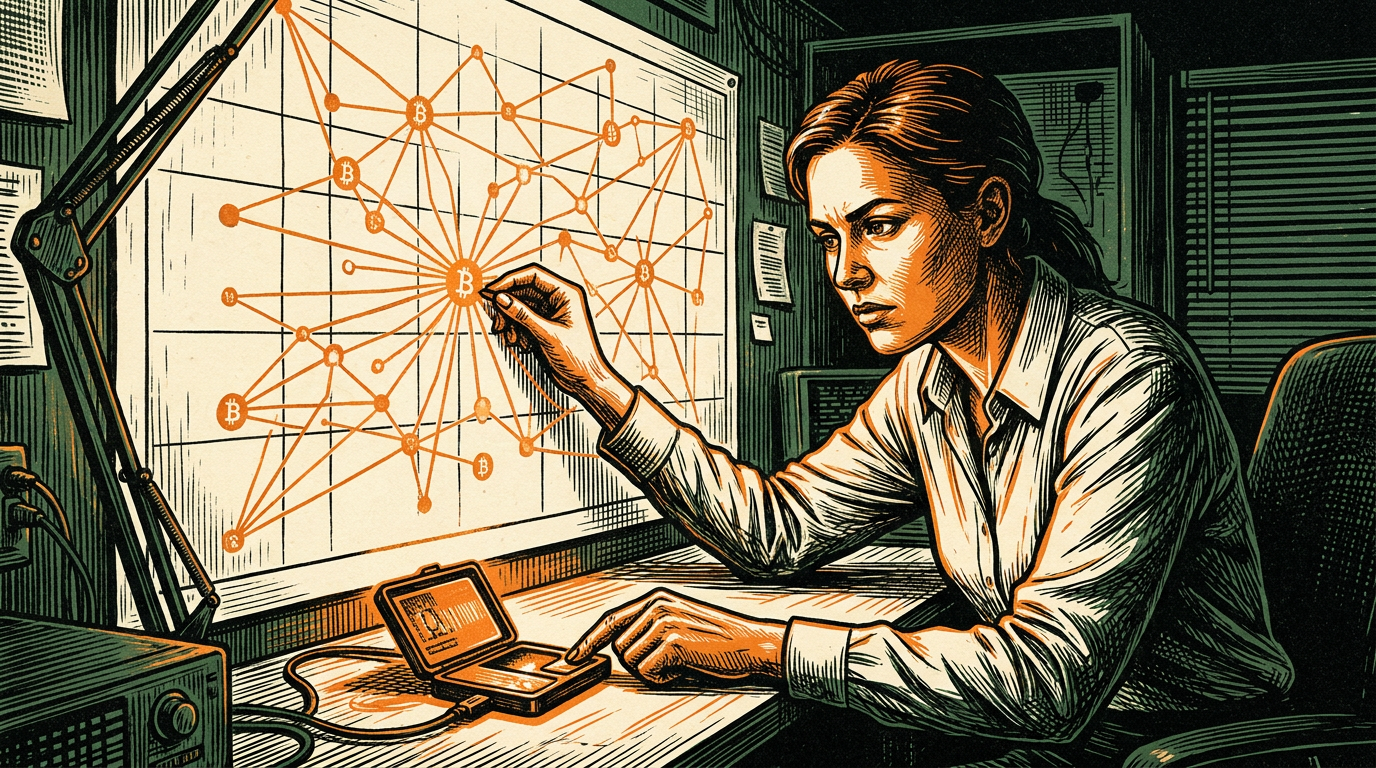A forensic analyst traces branching bitcoin transaction lines across a wall chart beside an opened hardware wallet, linocut