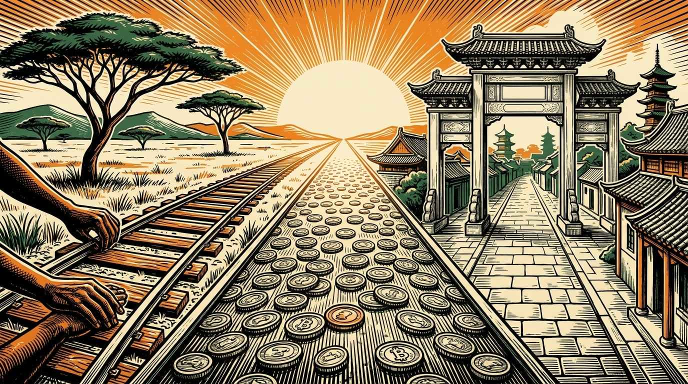 Two roads paved with coins built from opposite directions meet at a rising bitcoin sun, one laid by hands in a savanna, one through a stone archway, linocut