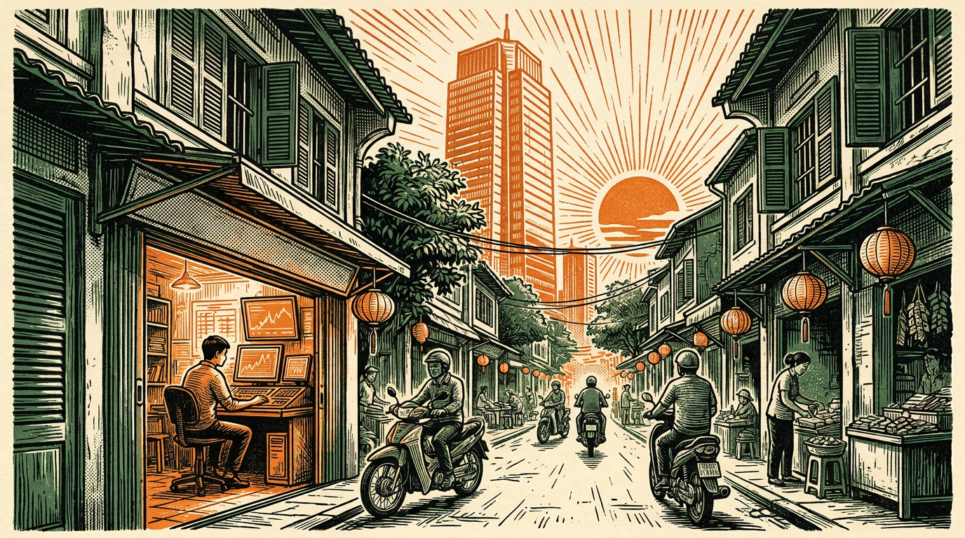 A Hanoi old-quarter street at dawn beneath a rising exchange tower with a trader at a terminal, linocut