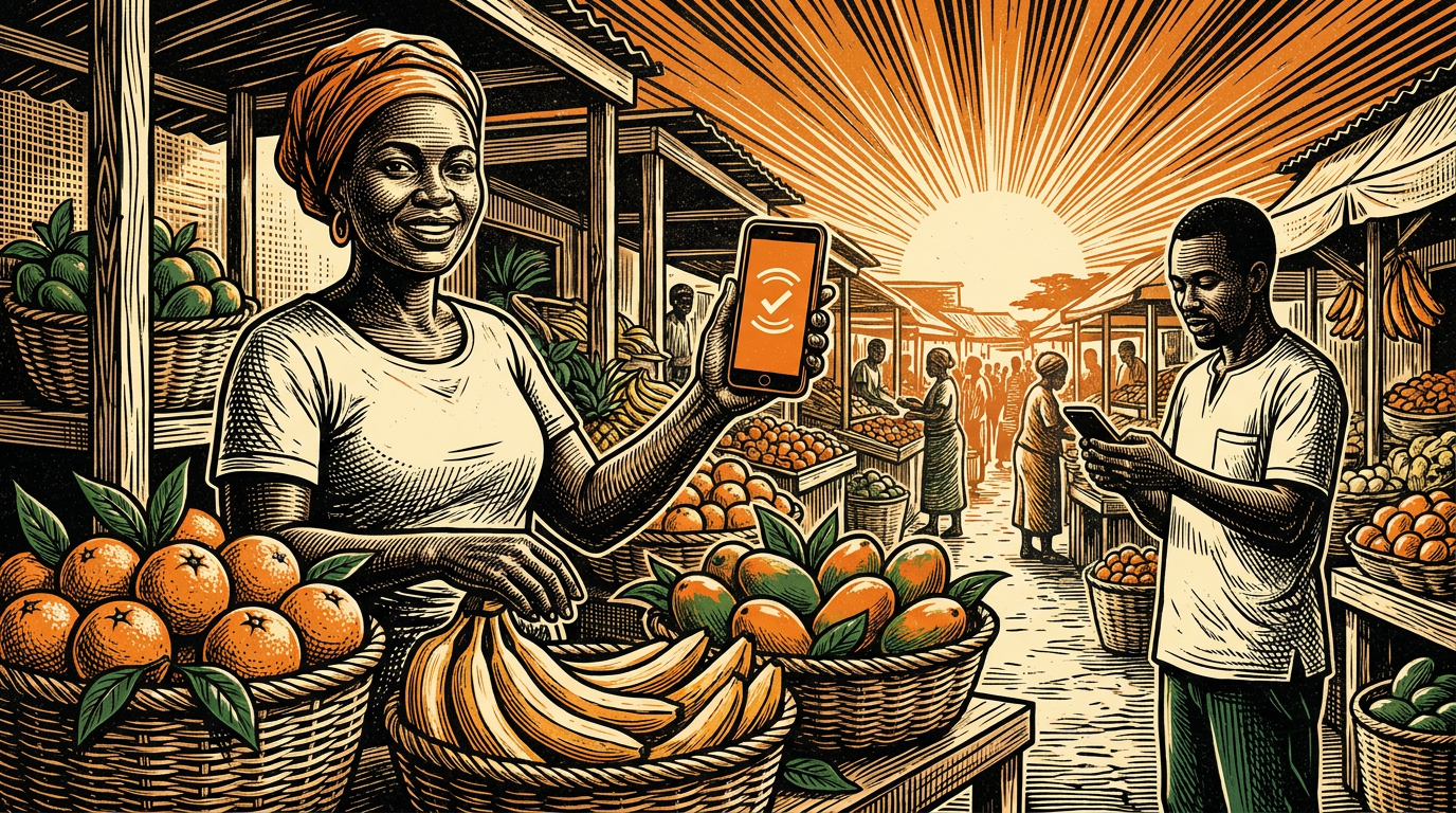 An East African market vendor receives a bitcoin payment on her phone while a second trader pays down the lane, linocut