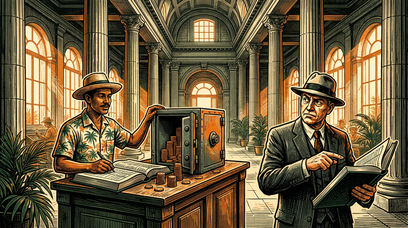 A treasury clerk stacks coins into a strongbox while a skeptical auditor studies a ledger in a columned hall, linocut