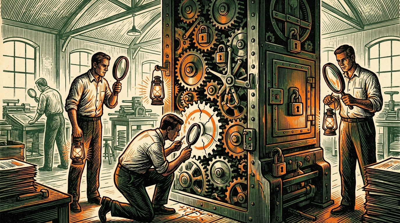 Inspectors with magnifying lenses examine a towering machine of gears and locks, one marking a cracked gear, linocut