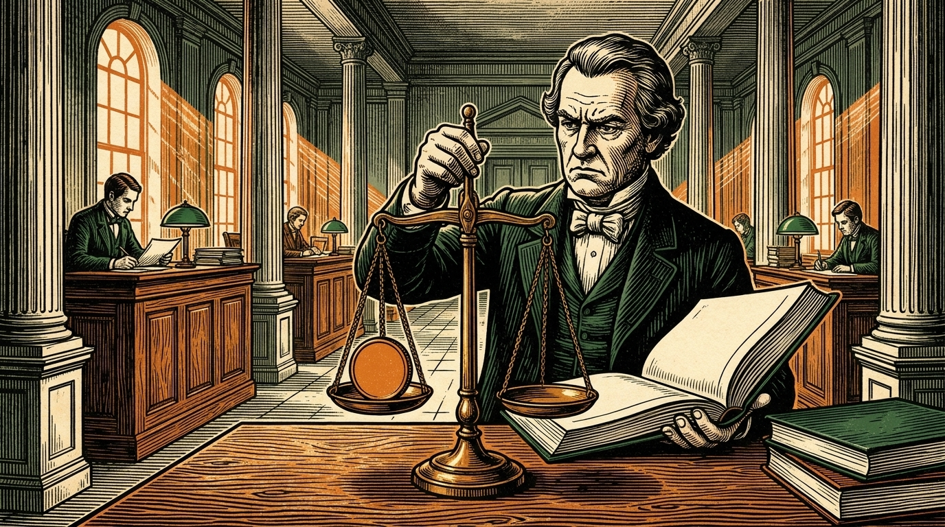 A stern auditor weighs a single coin on a brass balance scale against a thick ledger in a columned inspection office, linocut