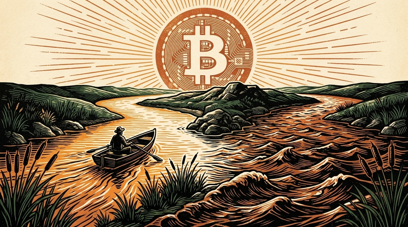A river forks into two channels around a rocky island beneath a radiant bitcoin sun as a lone boatman steers toward the calmer branch, linocut