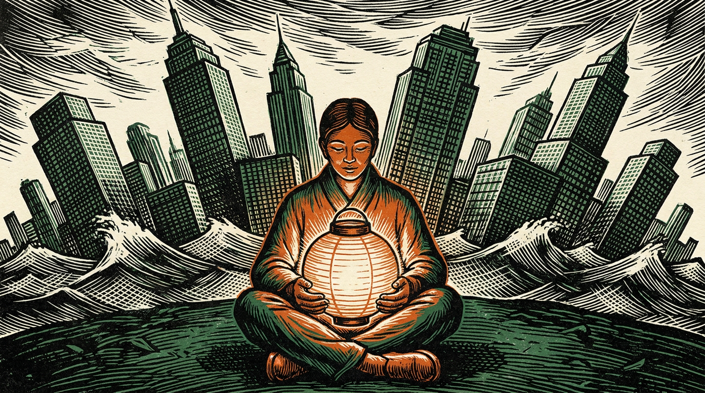 A calm seated figure cradles a steady glowing lantern while a turbulent skyline of jagged towers lurches behind, linocut