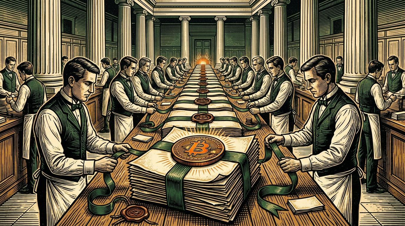 Clerks on an exchange floor wrap a single glowing coin in layer after layer of paper, ribbon and wax seals, linocut