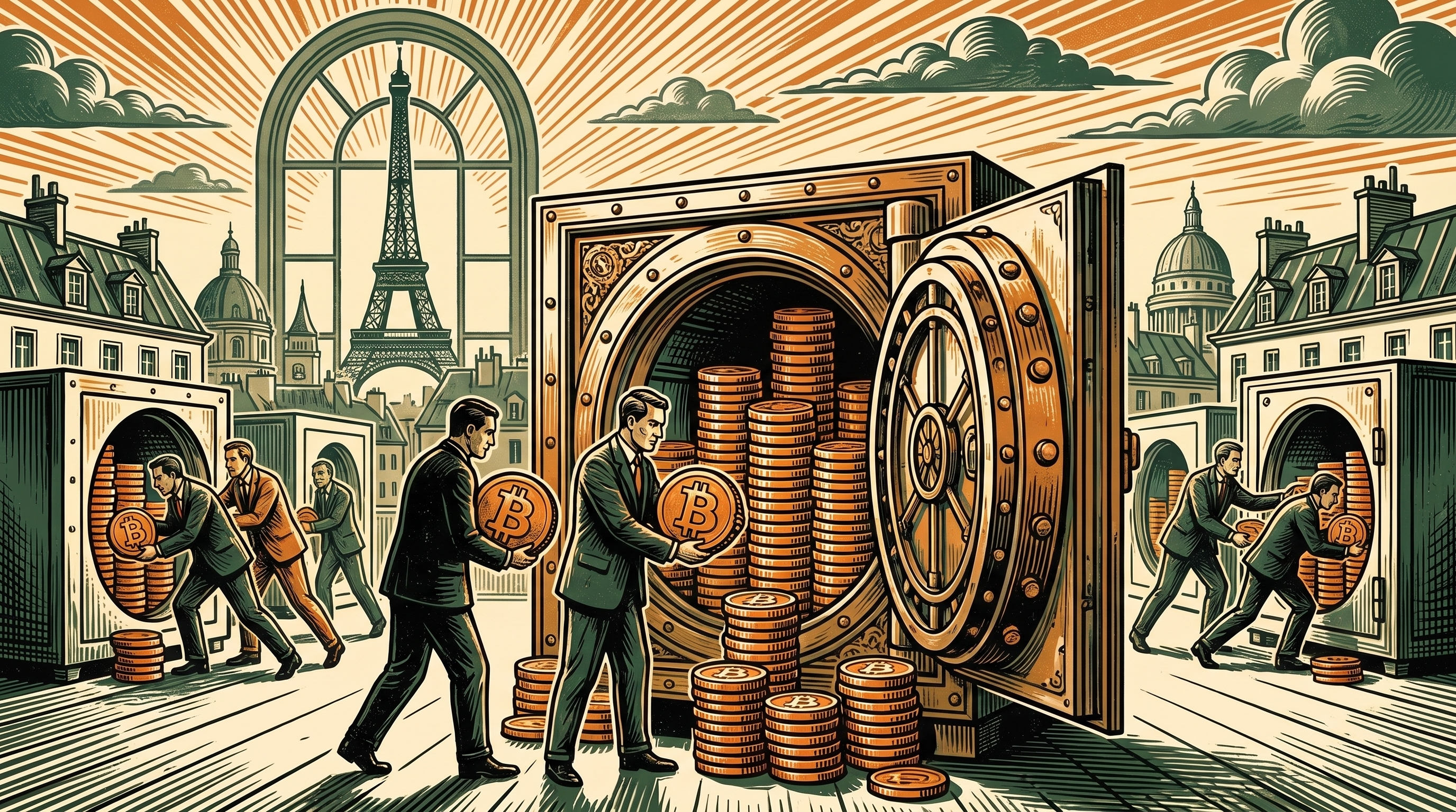 Executives in a Parisian stone building stack bitcoin coins into a corporate vault as rival firms fill their own, three-color linocut