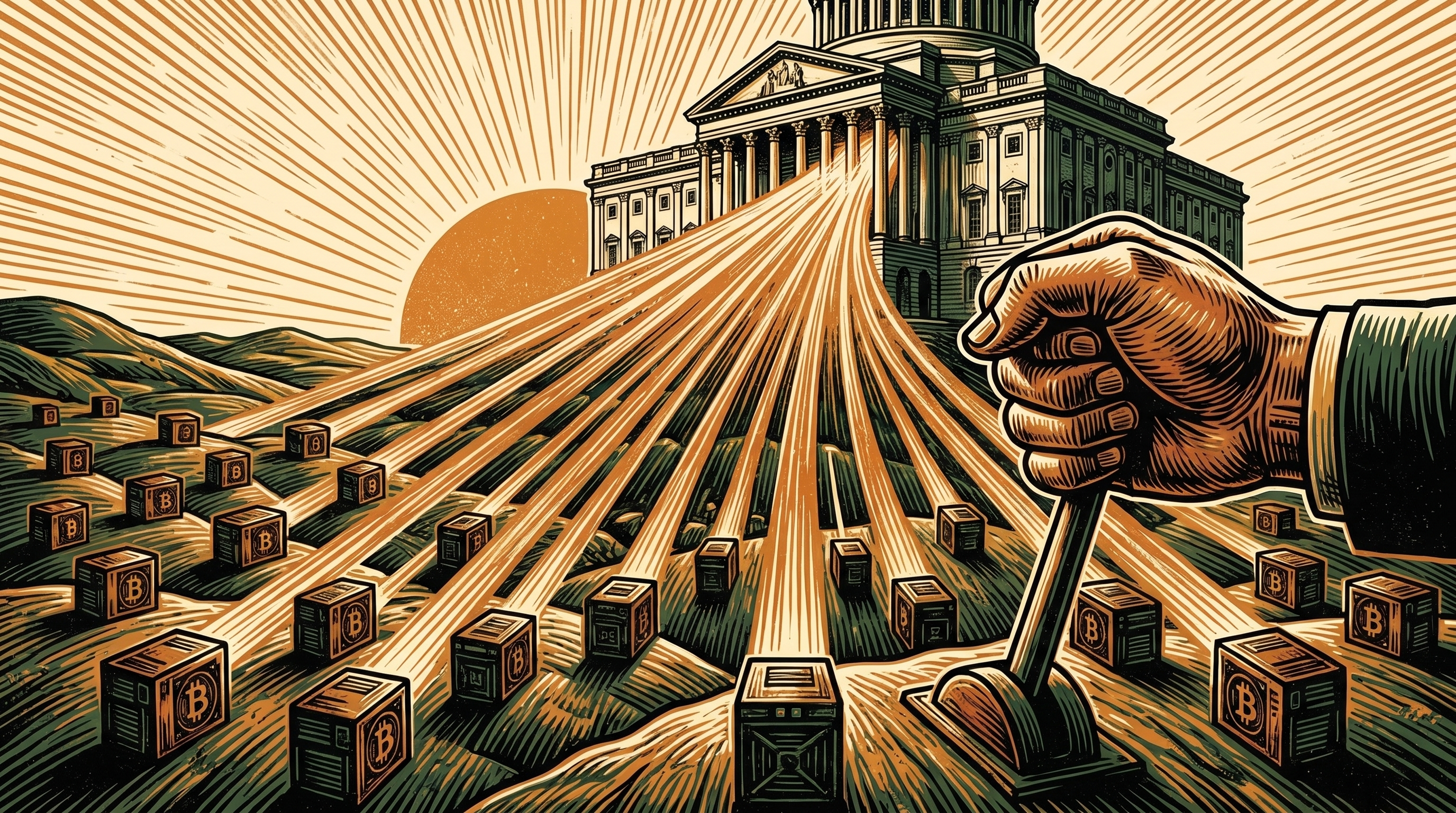 Many small bitcoin mining machines funnel beams of light into one monumental government building where a hand rests on a great lever, three-color linocut
