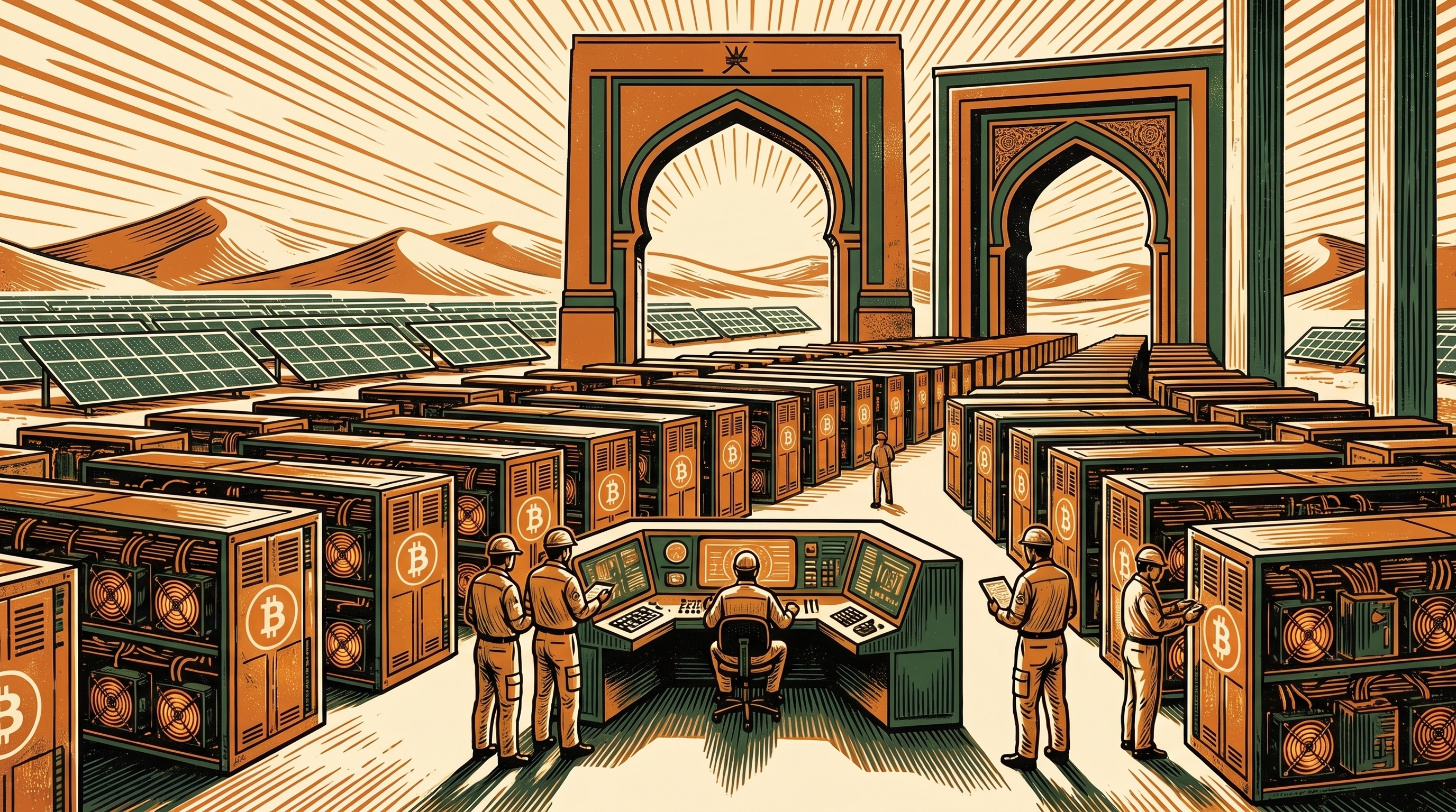 A vast state-run bitcoin mining hall in the Omani desert framed by a monumental arch, engineers at a control console, three-color linocut