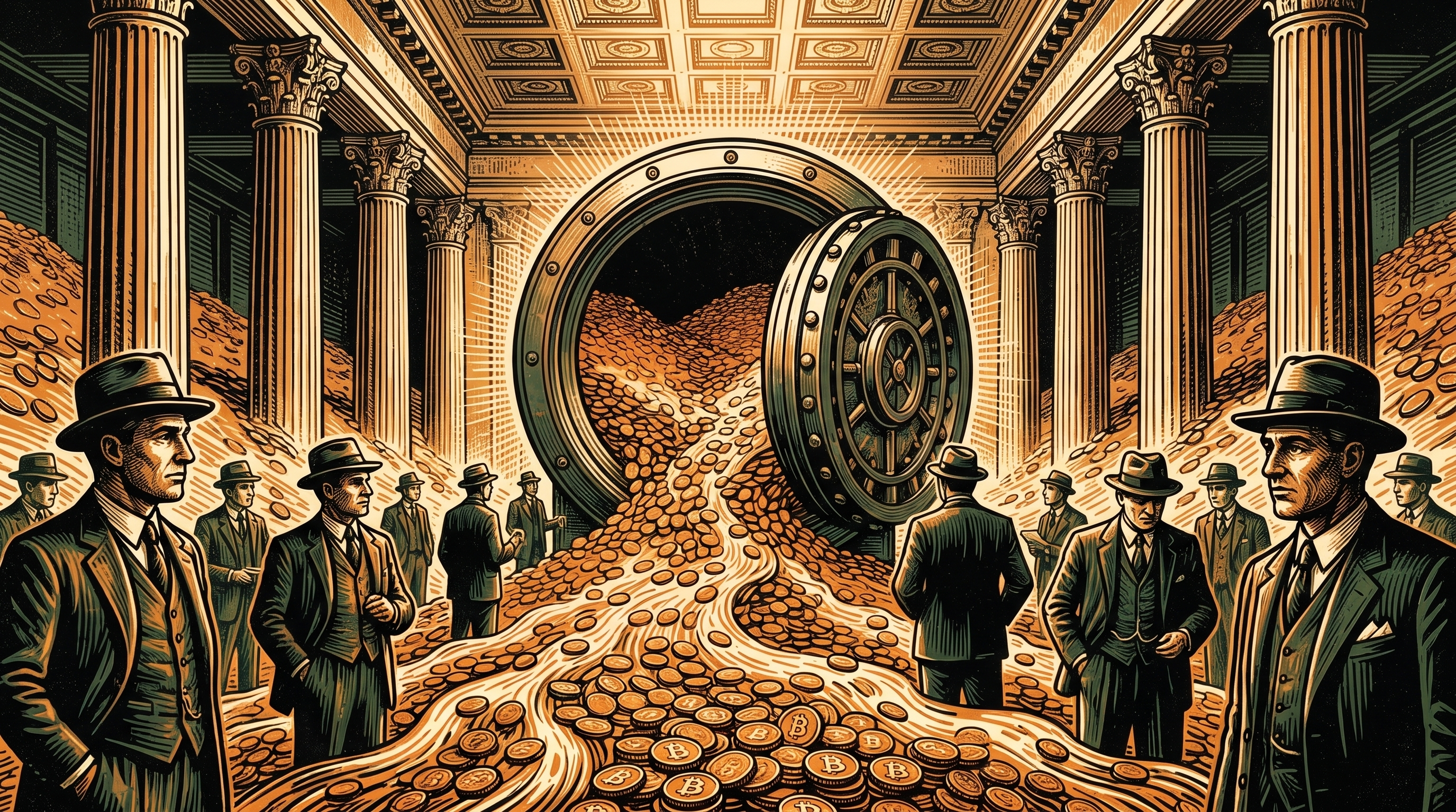 A grand New York financial hall with a great vault at its center as rivers of bitcoin coins flow steadily inward, three-color linocut