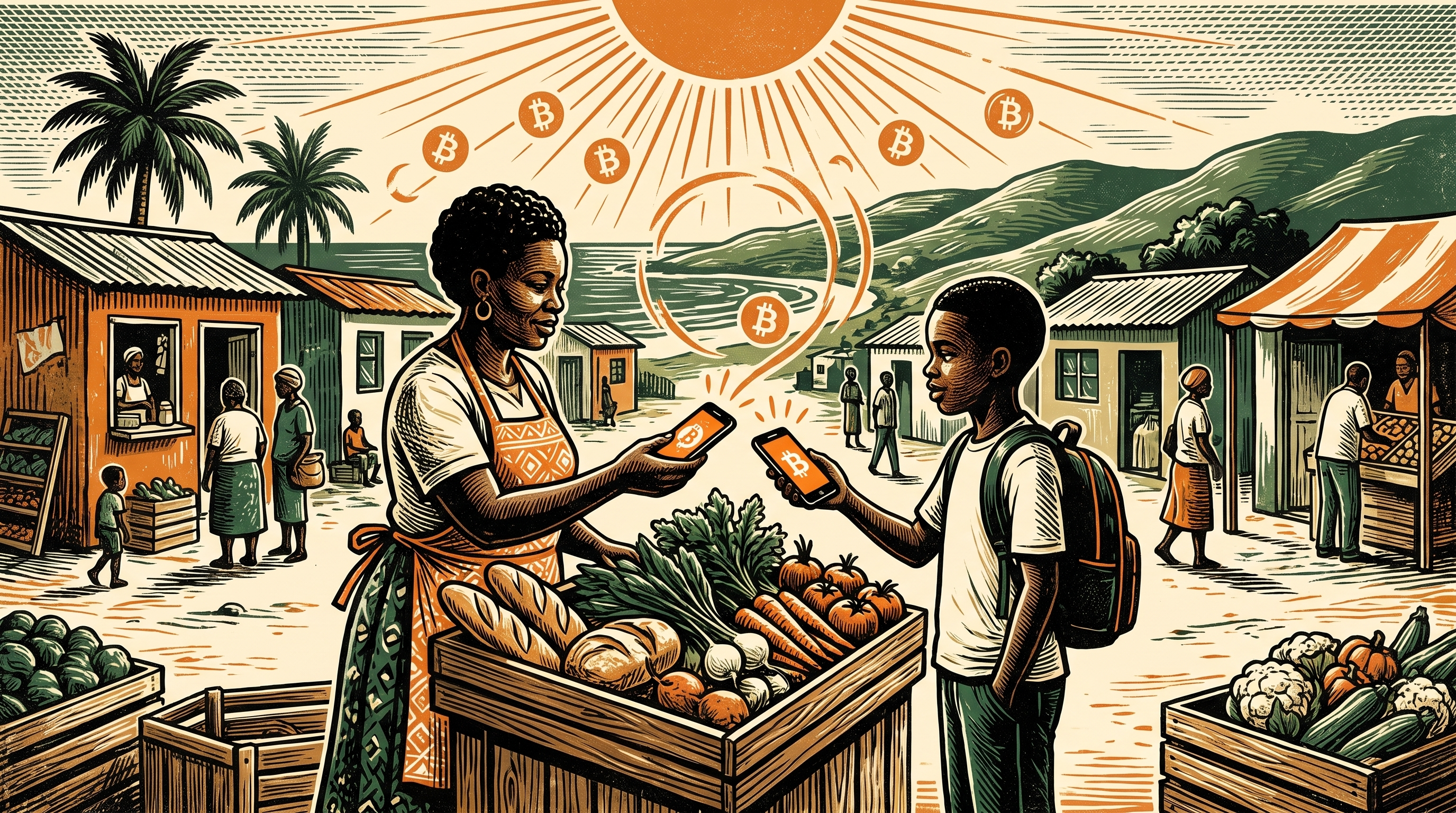 A sunny South African coastal township market where a shopkeeper and a young customer complete a bitcoin phone payment, three-color linocut