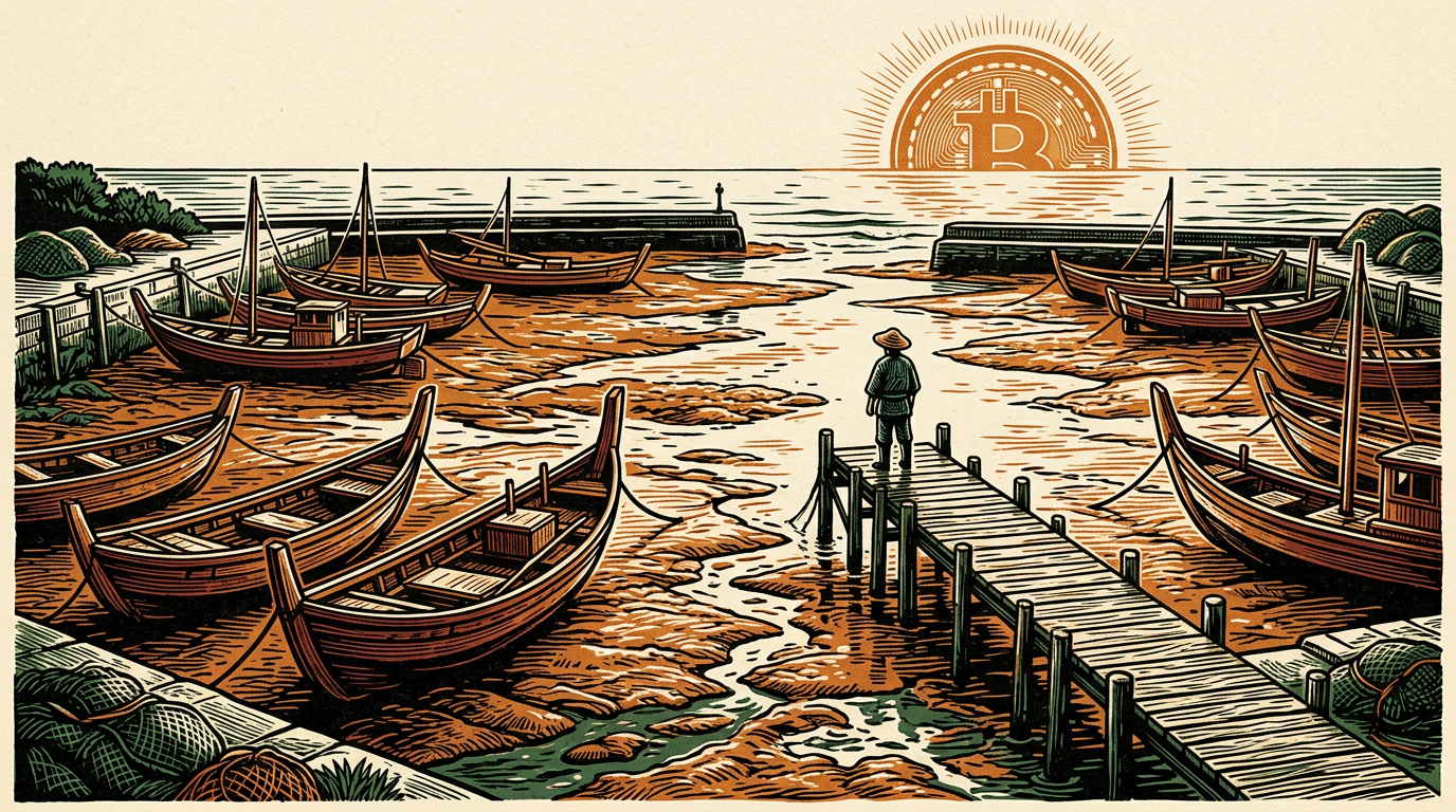 A harbor at low tide with boats resting on the mudflats and a lone figure on the dock, a coin low in the sky, three-color linocut