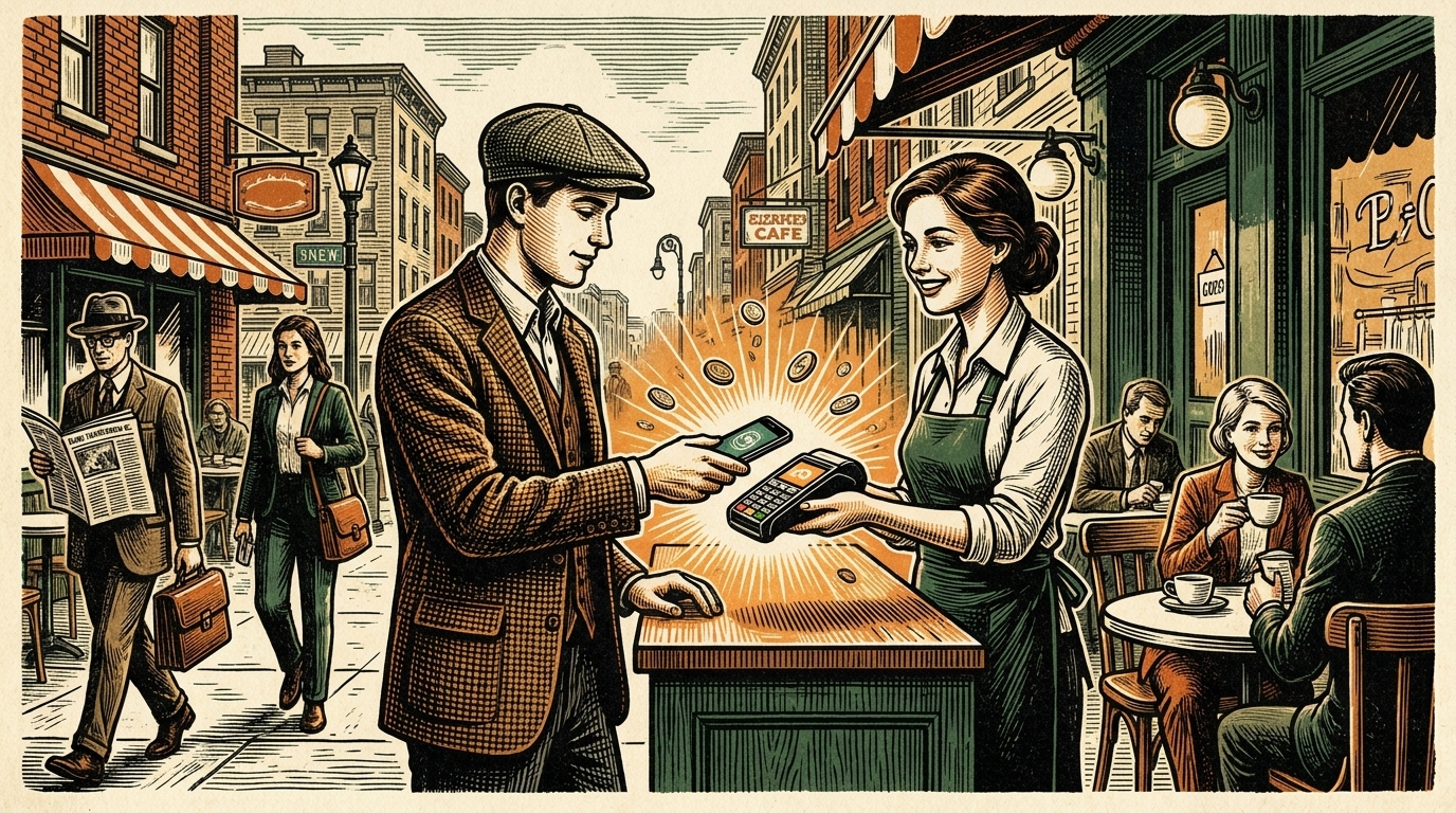 A customer tapping a phone against a small point-of-sale reader at a city cafe, warm light and coins between them, three-color linocut