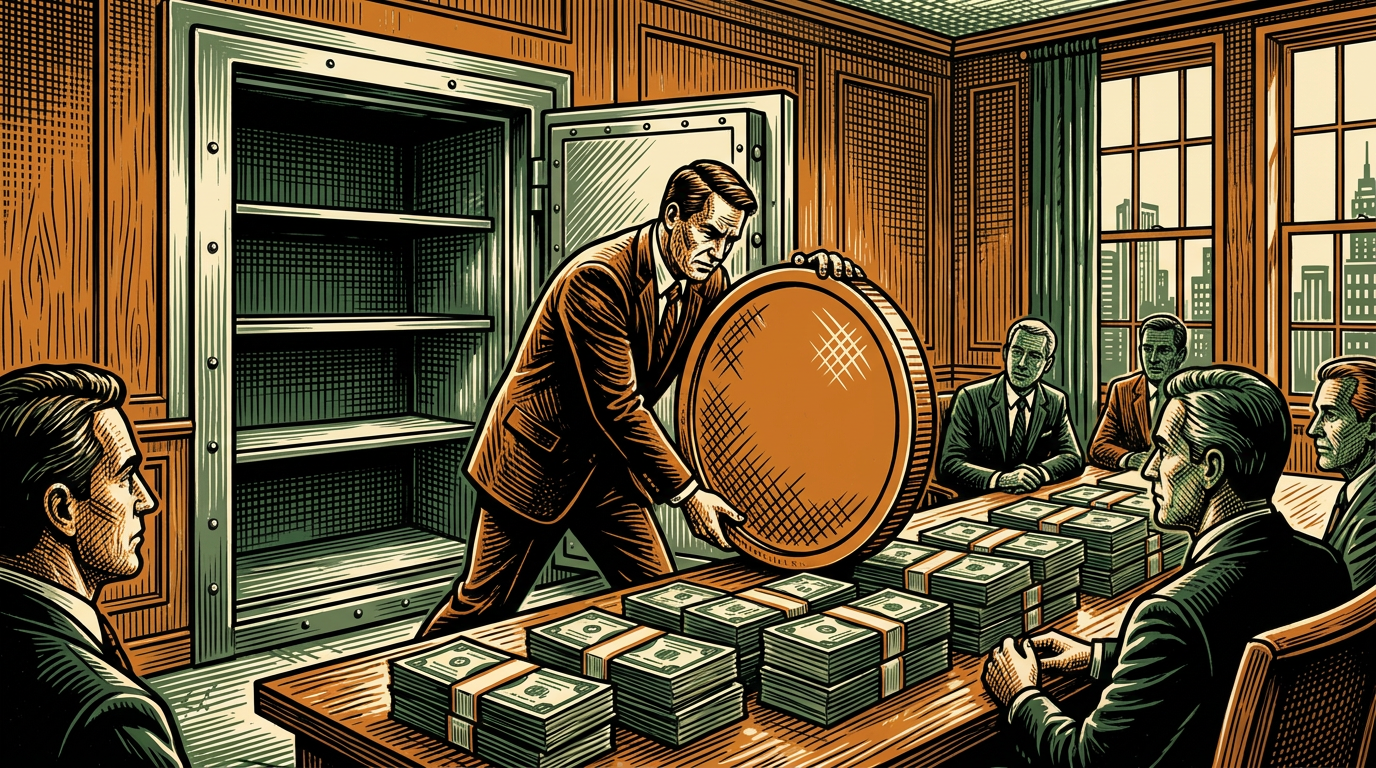 An executive lifting a coin from a nearly empty steel vault onto a table stacked with cash, three-color linocut