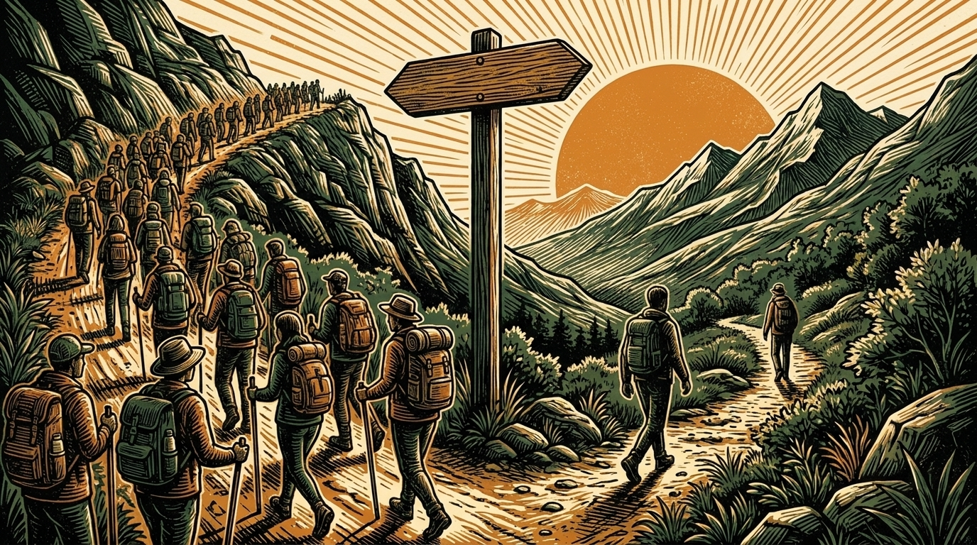 A mountain trail forking at a signpost, a crowd on the wide path and two lone figures on the abandoned one, three-color linocut