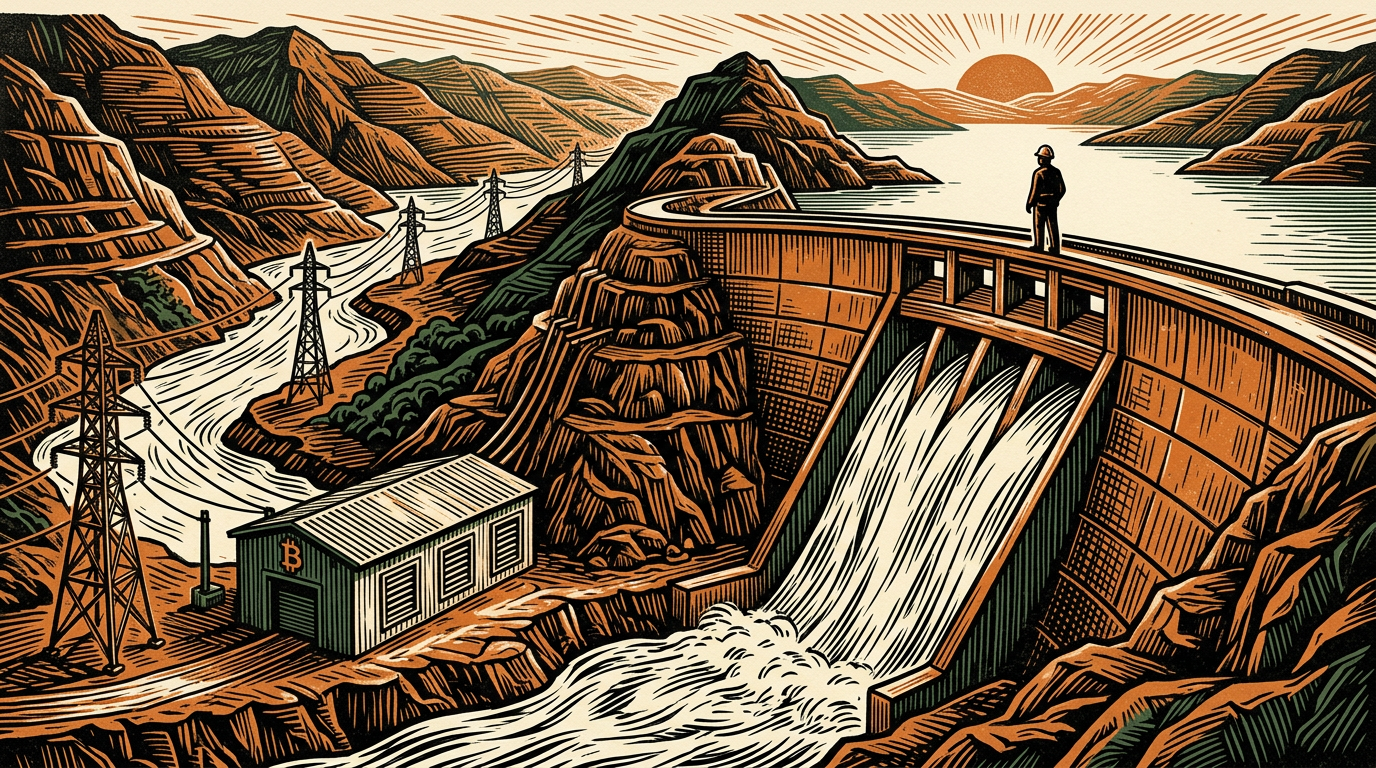 A highland hydroelectric dam feeding power lines and a small bitcoin-mining shed, an engineer on the dam crest, three-color linocut