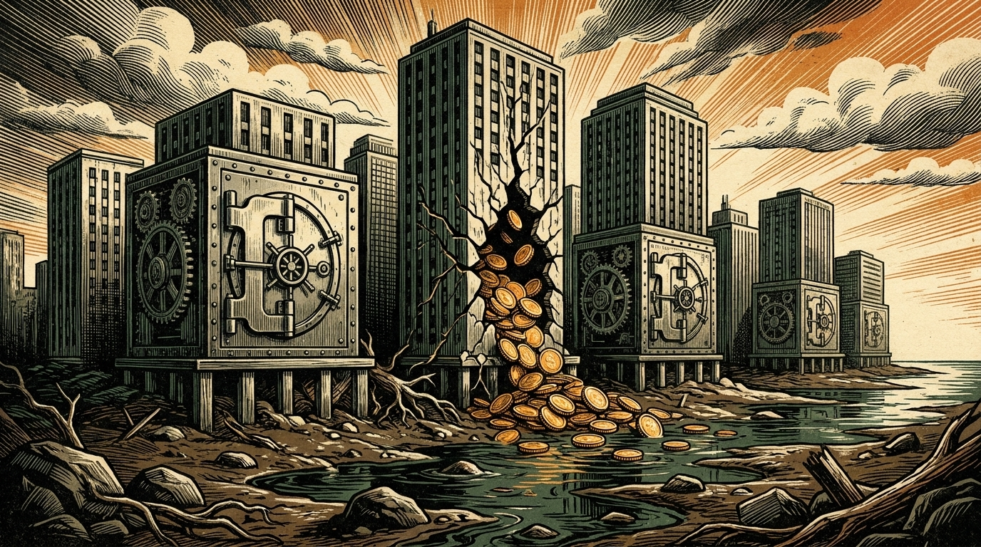 A row of corporate towers built like vaults along a waterfront as the tide drains out, one cracking and shedding coins, three-color linocut
