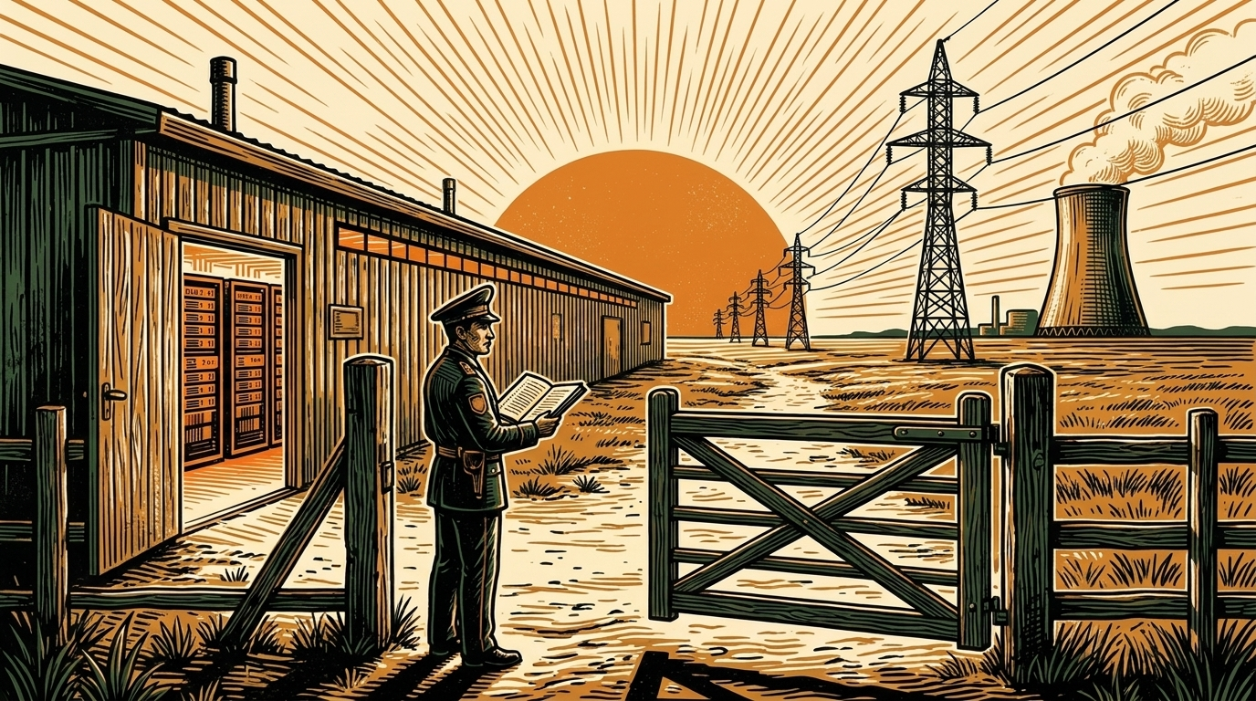 A vast Kazakh steppe at dusk, an industrial bitcoin-mining hall and transmission towers, a state official at the gate, three-color linocut