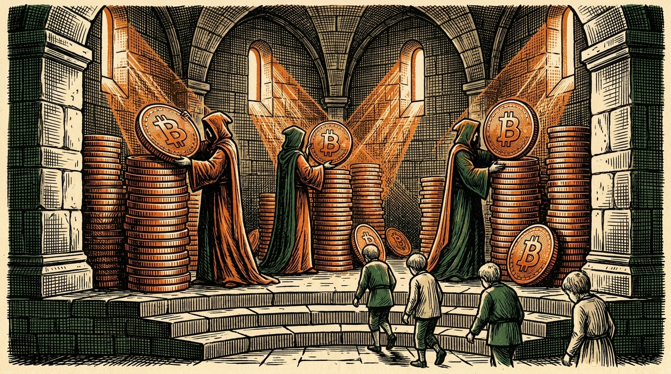 A great stone treasury vault, large figures stacking huge bitcoin coins while small figures walk away empty-handed, three-color linocut