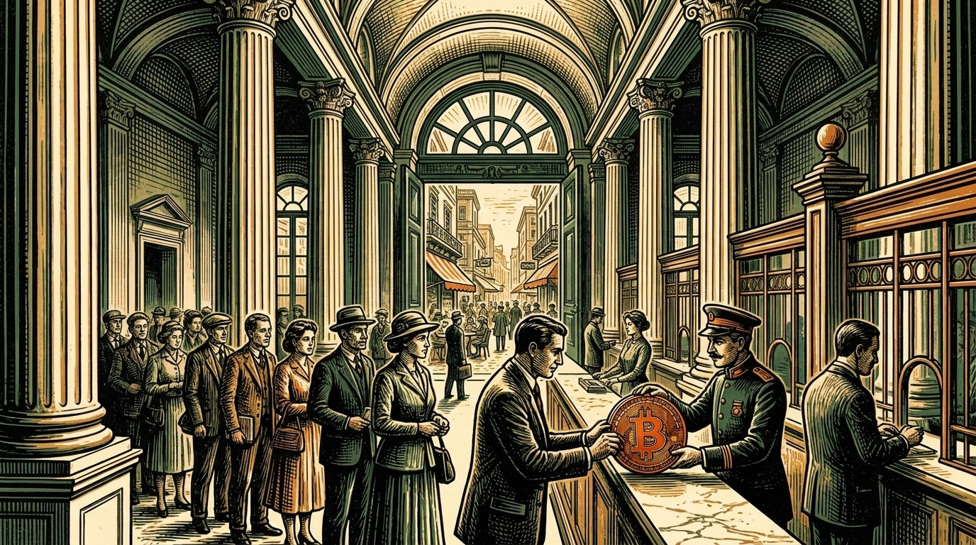 A grand Buenos Aires bank hall, people queuing at teller windows, a clerk sliding a large bitcoin coin across a marble counter, three-color linocut