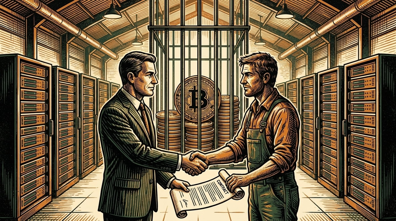 An industrial American bitcoin mine, a banker and a miner shaking hands over a contract, bitcoin coins behind iron bars as collateral, three-color linocut