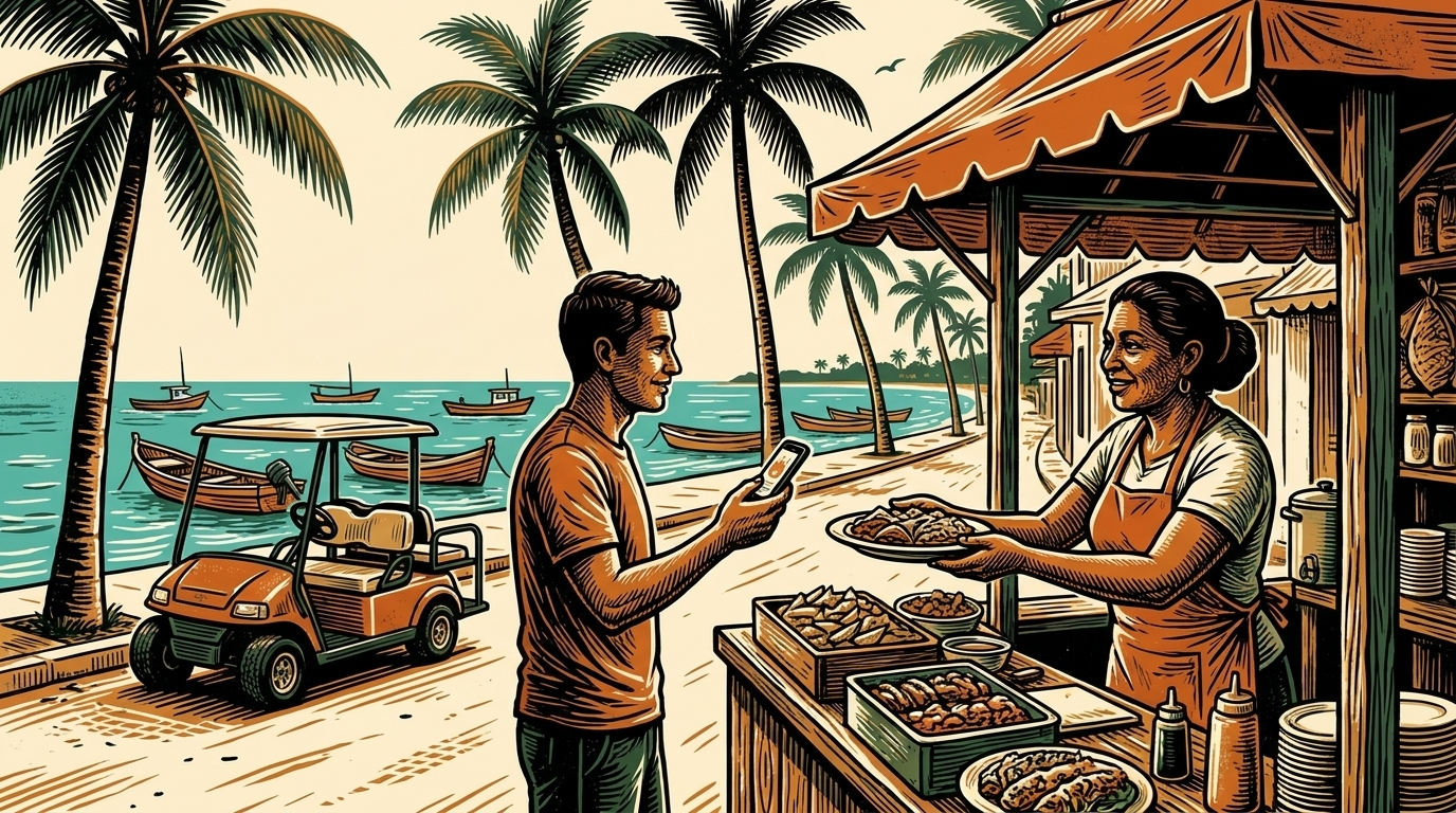 A sunlit Isla Mujeres market stall, a vendor handing food to a customer paying by phone over Lightning, three-color linocut