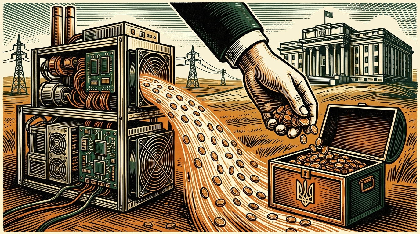 A mining rig pouring coins toward a government building while a giant state hand scoops a tithe into a national coffer, three-color linocut