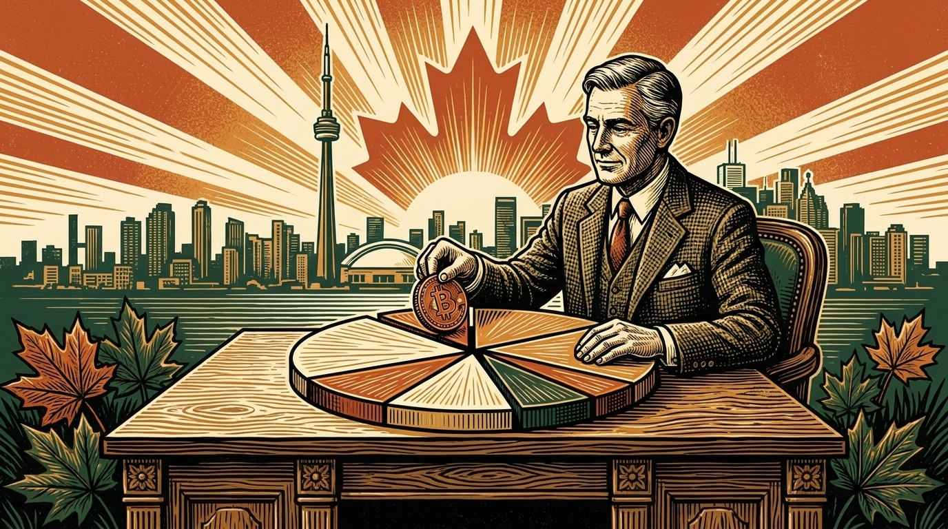 A Toronto investor placing a small bitcoin slice into a portfolio pie wheel, CN Tower and maple leaf behind, three-color linocut