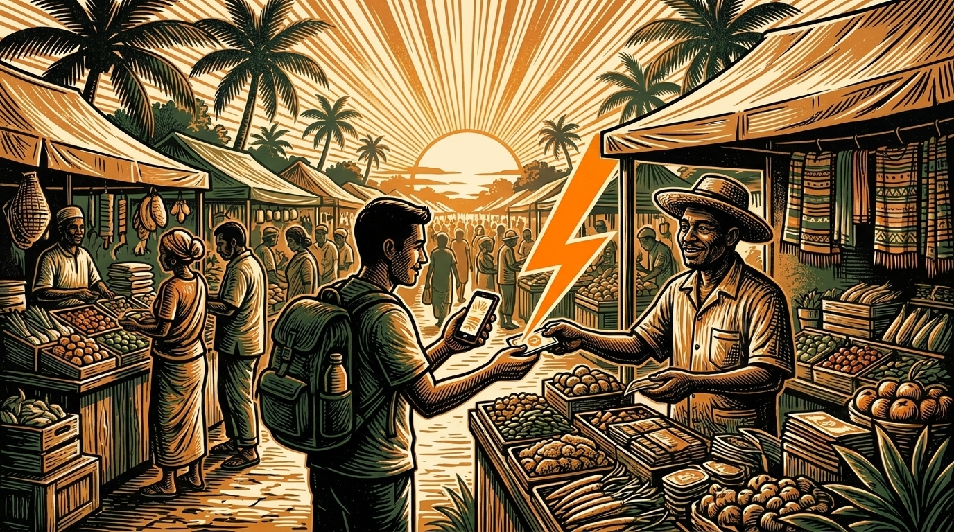A golden-hour street market where a vendor receives a lightning-bolt payment on a simple phone, three-color linocut